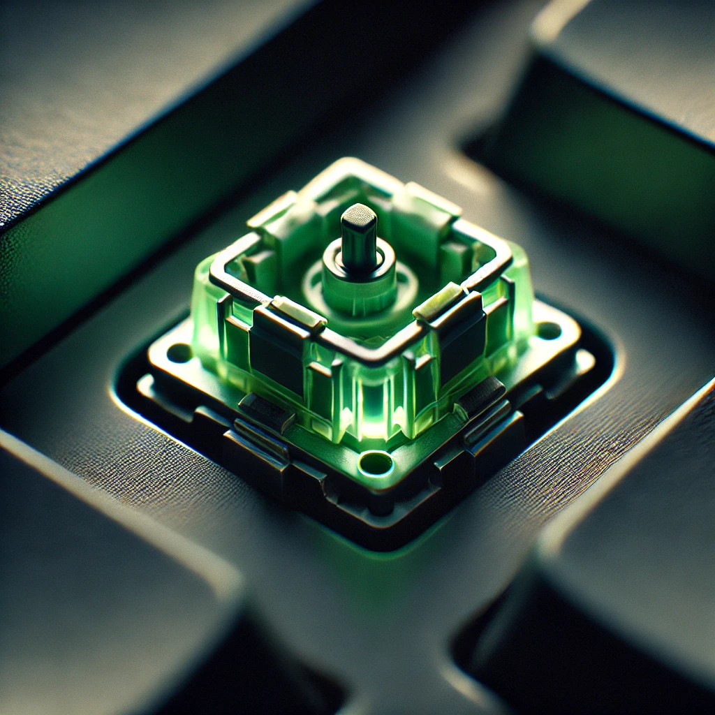 A close-up macro shot of a single Razer Green Switch detached from a keyboard, showcasing its mechanical components, tactile bump, and actuation mecha