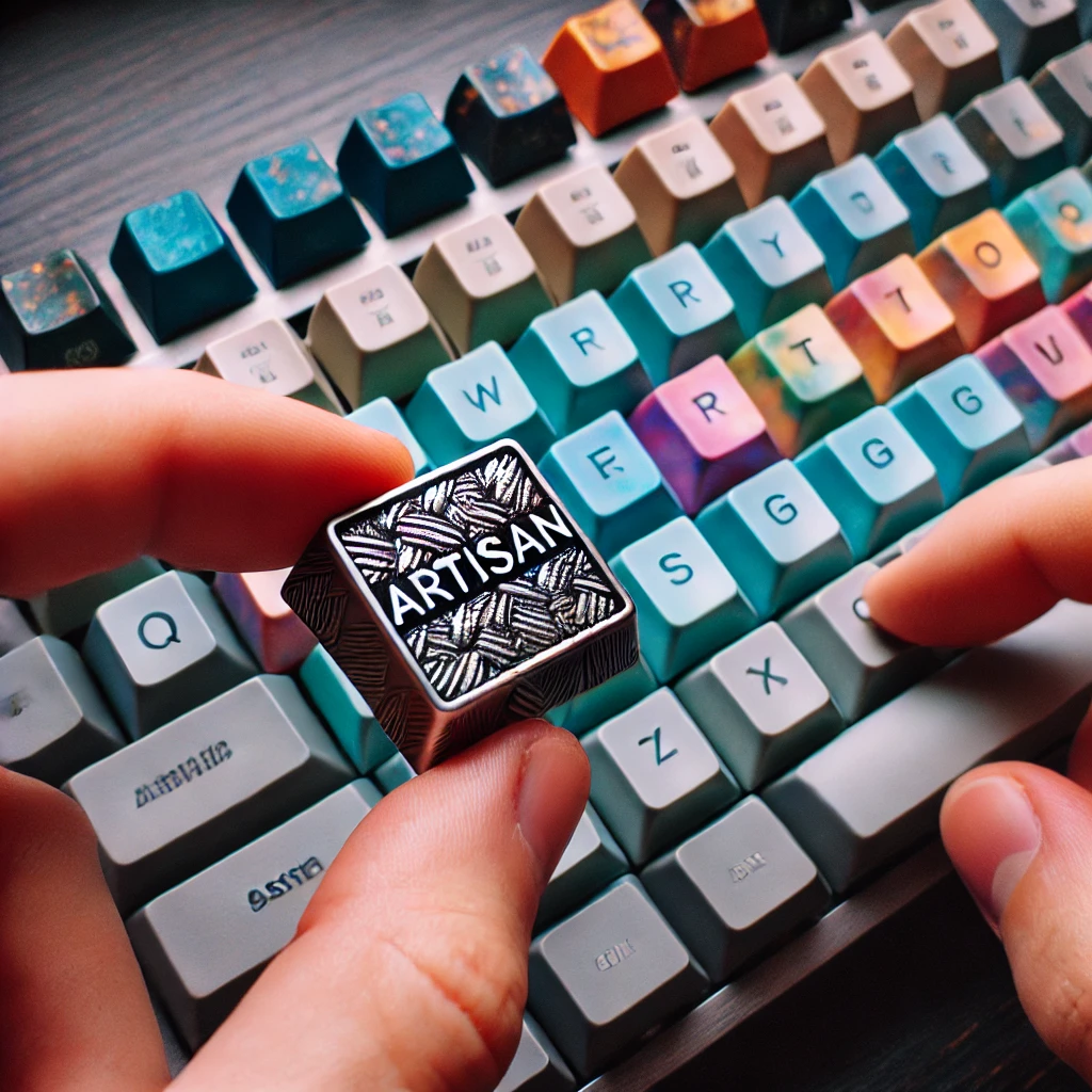 A close-up of a hand installing a new artisan keycap on a mechanical keyboard. The keyboard has a mix of colorful keycaps, and the artisan keycap.