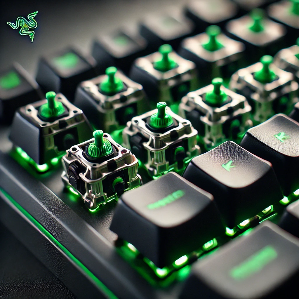 A high-quality image of Razer Green Switches on a gaming keyboard. The mechanical switches are shown in close-up, highlighting their tactile bump and