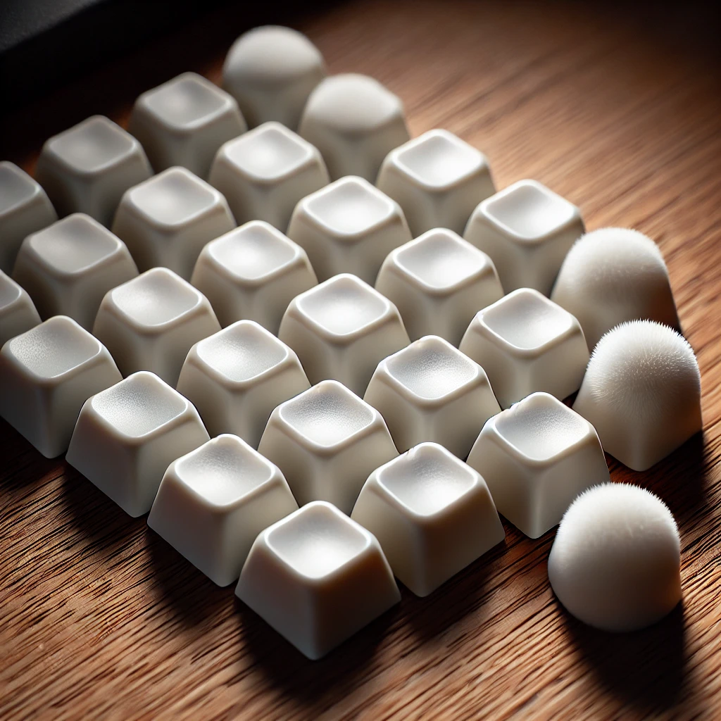 A set of POM keycaps displayed on a wooden desk. The keycaps are arranged neatly, showing their smooth texture and slight translucency. 