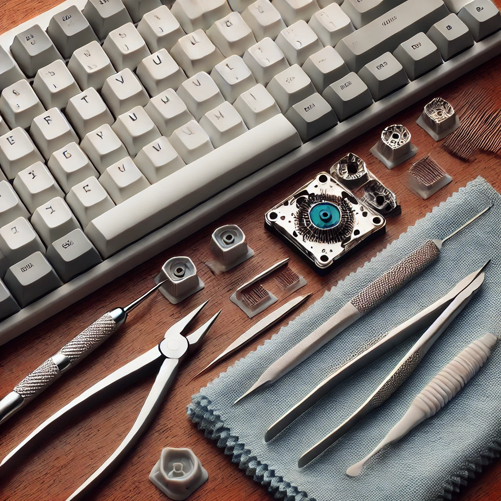 A set of keycap replacement tools including a keycap puller, tweezers, a small brush, and a microfiber cloth, neatly arranged on a desk beside a mecha.