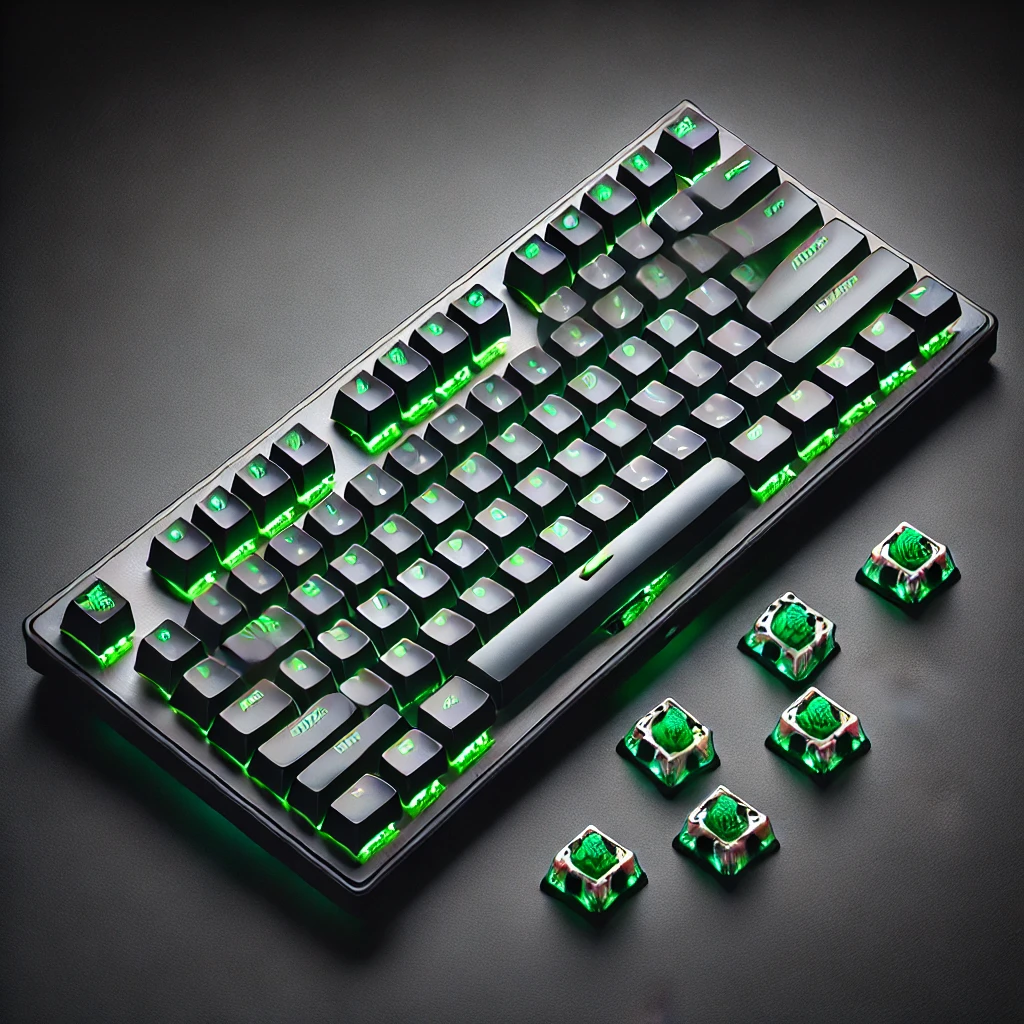 A top-down view of a mechanical keyboard featuring Razer Green Switches with keycaps removed, exposing the switches. The switches glow under RGB light