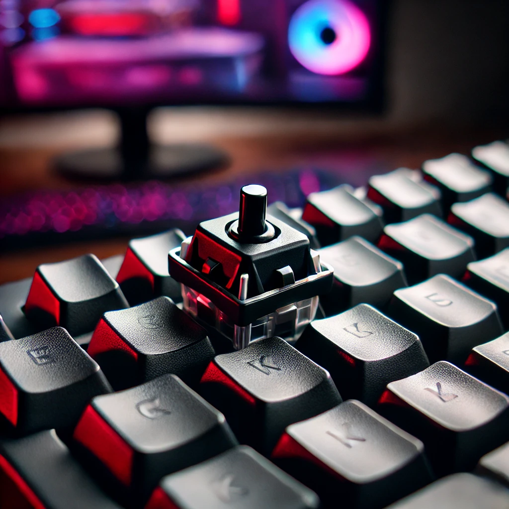 A Gateron Black switch with a deep black stem, known for its heavy actuation force and smooth linear feel. The switch is placed on a mechanical keyboa