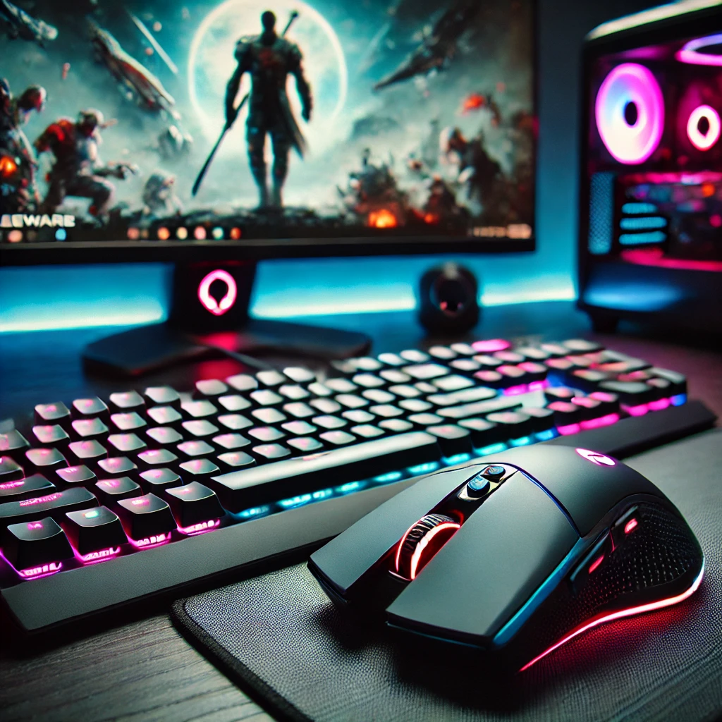 A close-up of a high-performance gaming setup featuring the Alienware Pro Wireless Keyboard and Mouse. The keyboard has a tenkeyless layout with RGB b