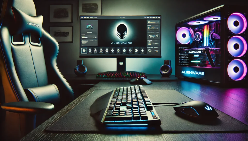 A high-tech gaming setup featuring the Alienware Pro Wireless Keyboard and Mouse. The keyboard is lit up with customizable RGB lighting in a dark room