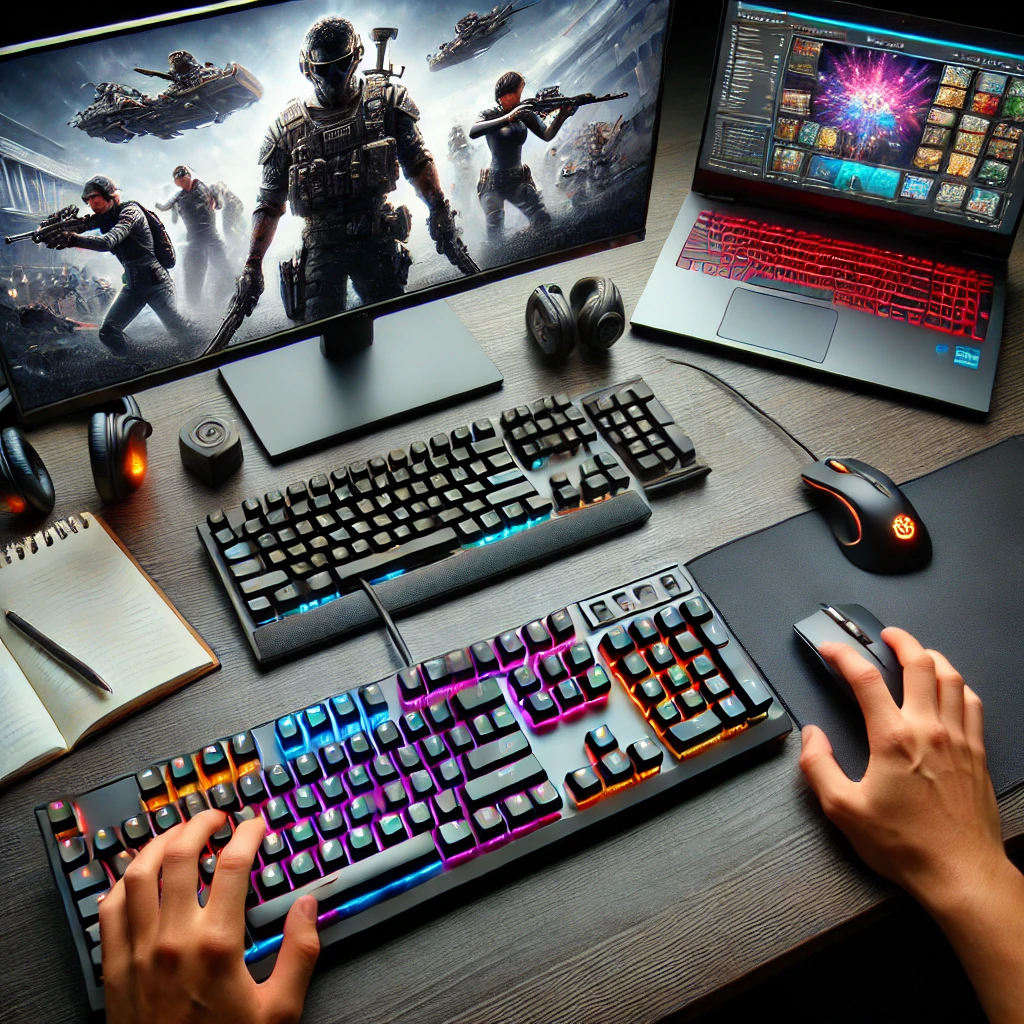 A modern gaming setup featuring a mechanical gaming keyboard with RGB lighting, a high-end gaming mouse, and a dual-monitor setup displaying a fast