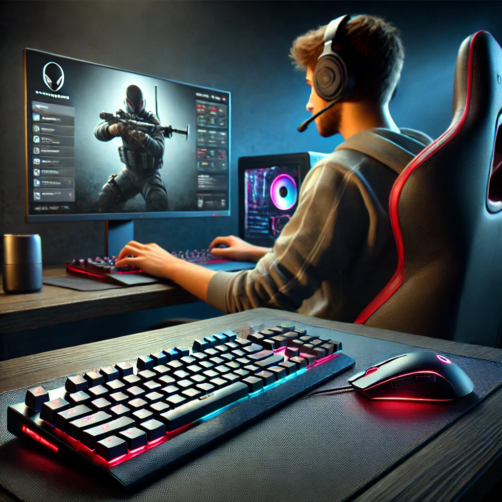 A realistic image of a gamer sitting at a desk using the Alienware Pro Wireless Keyboard and Mouse. The keyboard has customizable RGB lighting