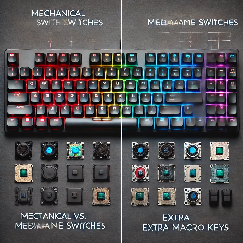 A side-by-side comparison of a gaming keyboard and a regular keyboard, highlighting key differences such as mechanical vs. membrane switches, RGB ligh